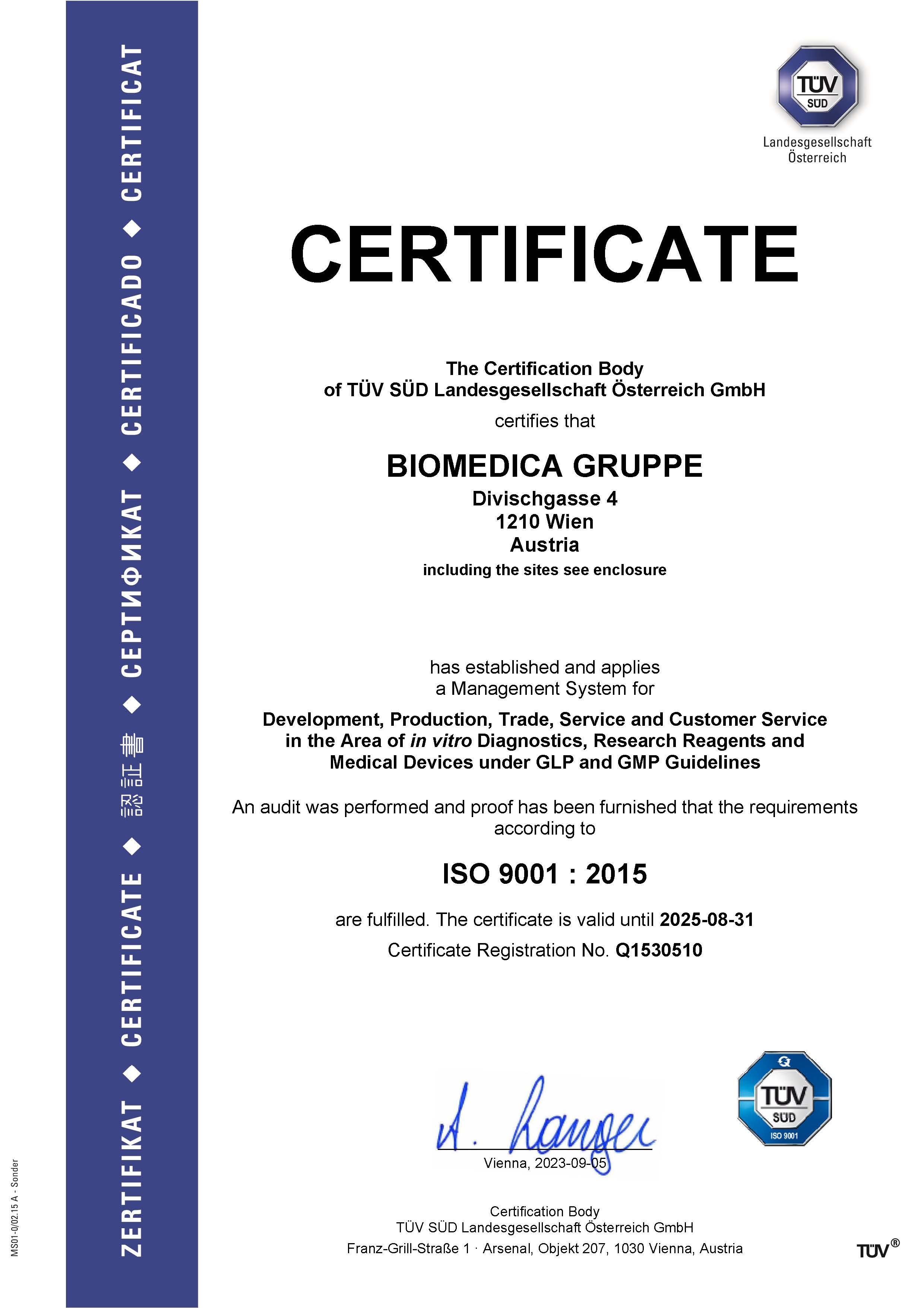 Zertifikat A4 ISO 9001 Haupt Anlage1 2 Biomedica e 3 Seite 1